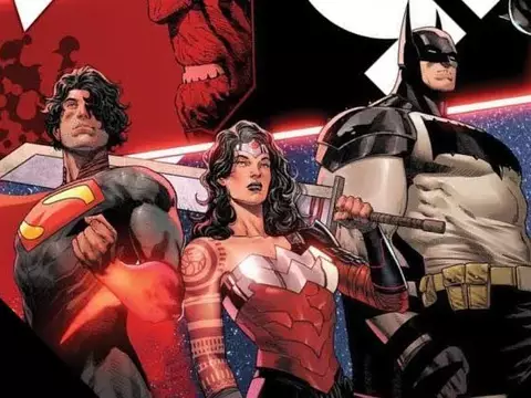 Arte promocional oficial de Absolute Justice reunindo os heróis do Universo Absolute da DC